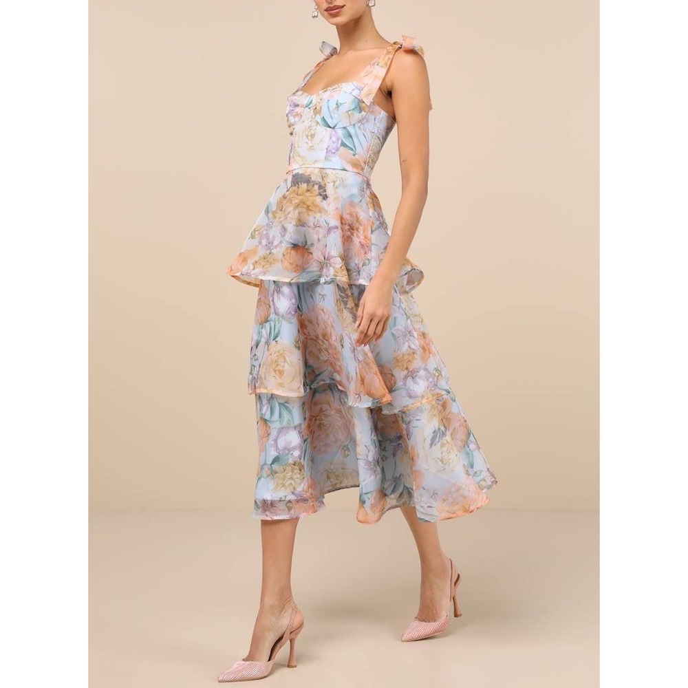 NWT Lulus Playfully Posh Blue Floral Organza Tie-Strap Tiered Midi Dress Small